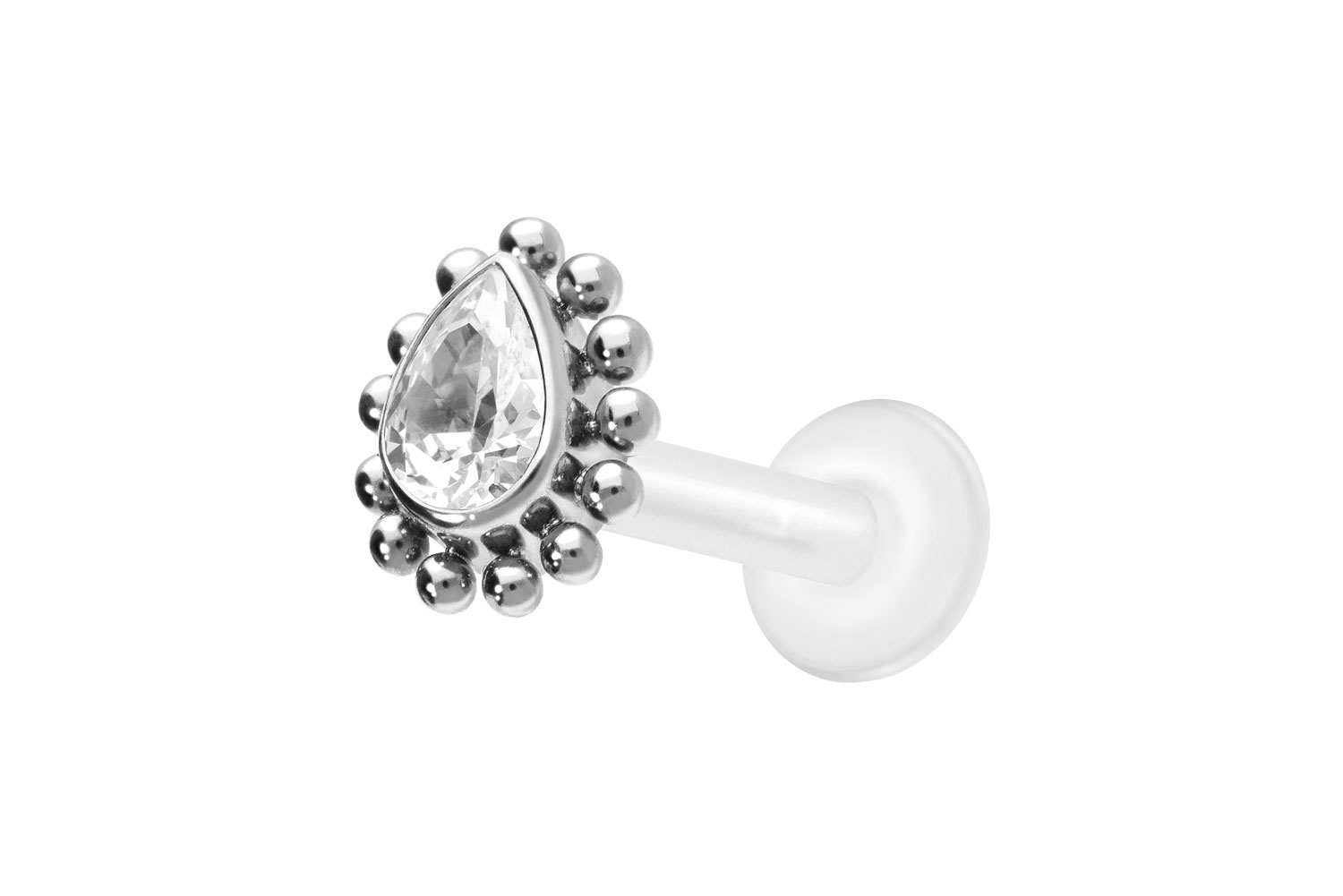 PTFE Labret Piercing mit Innengewinde + Titan-Aufsatz KRISTALLTROPFEN + KUGELN